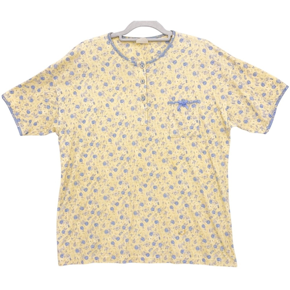 Vintage Yellow Floral Henley Sleep Shirt XL Short Sleeve Pocket Bow Detail